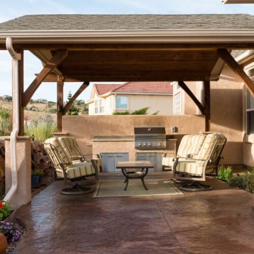 Freestanding gable roof, stained concrete, outdoor kitchen, Peregrine