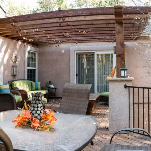 Low maintenance deck with wood pergola, Monument