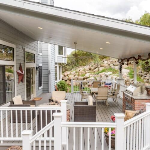 patio cover custom brick firepit, outdoor kitchen, Timbertech decking, Broadmoor Hills